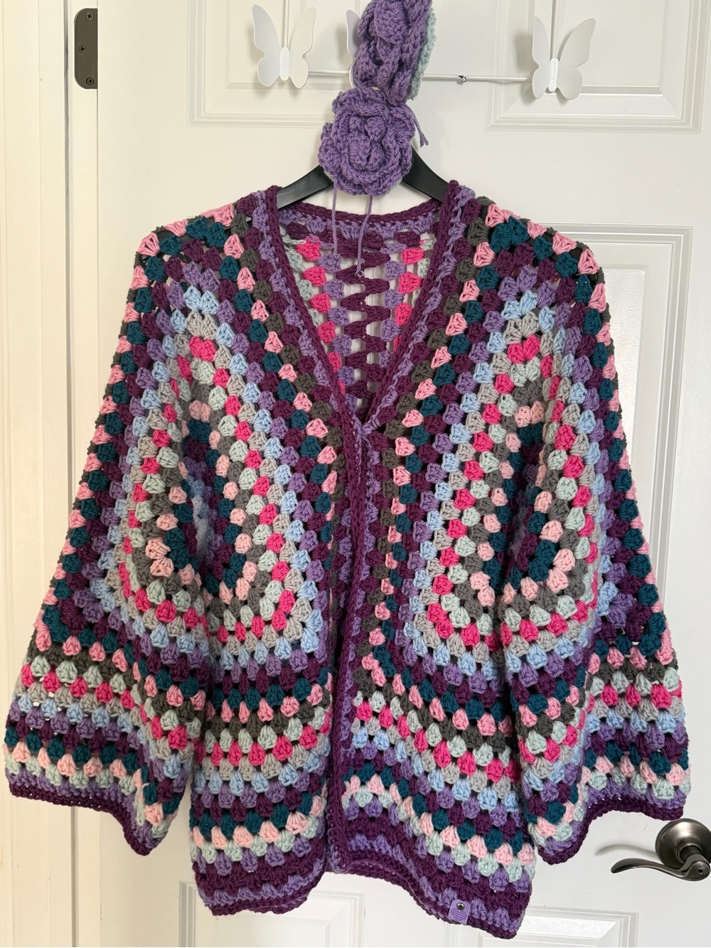 Handmade Crochet Granny Square Sweater Cardigan in Purple Multicolor